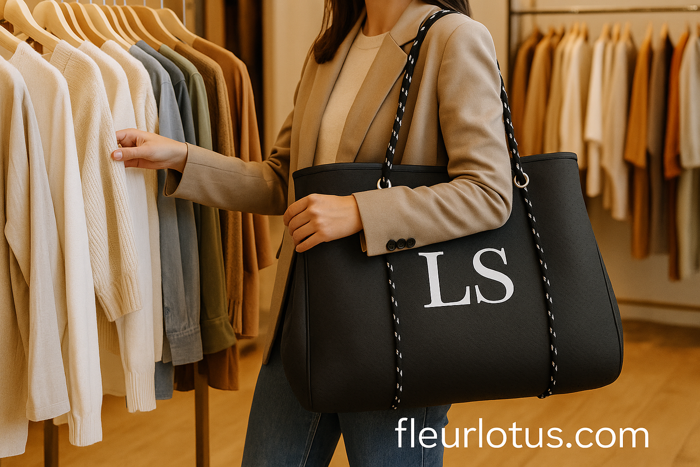 Black handbag lifestyle photo in boutique setting